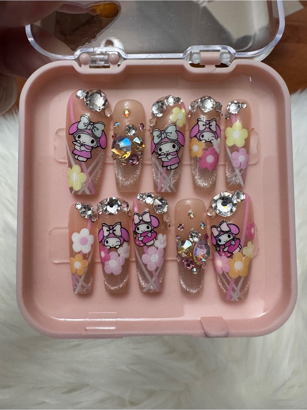 Pink My Melody Floral Crystal Press-On Nails with Rhinestones